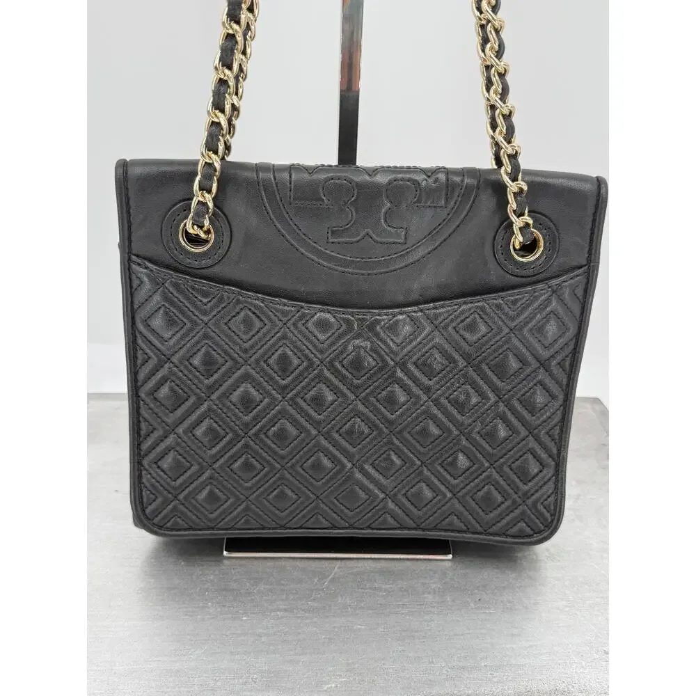 Tory Burch Fleming Small Convertible Shoulder Bag Black Quilted Leather Chain